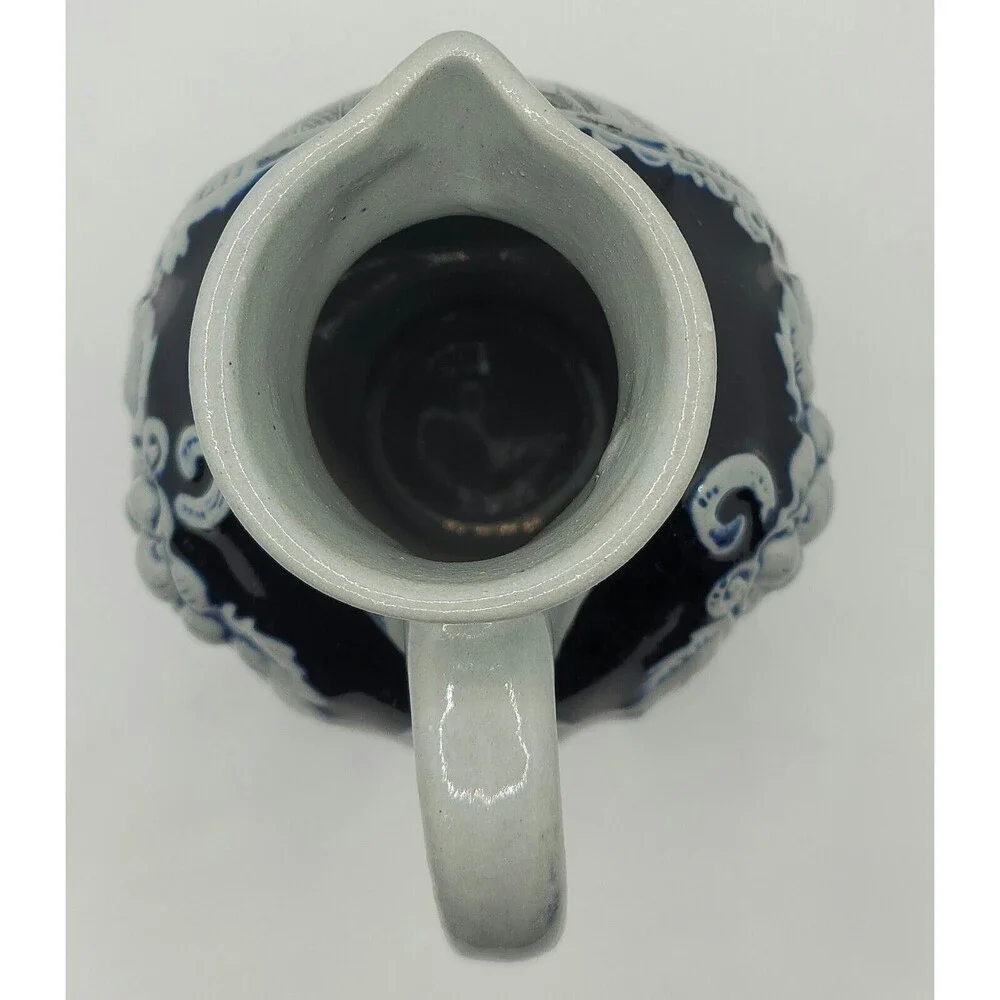 German Small Stoneware Pitcher HandCrafted HandPainted Gray and Cobalt Blue
